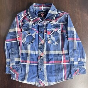 Boys‎ Sovereign Code Blue/Red Plaid Shirt Size 18 Mo Long Or Roll Up Sleeve EUC!